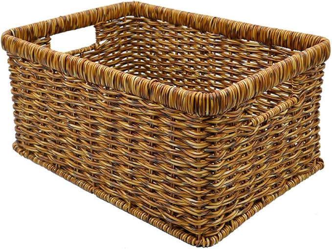 SHINEOFI Decorative Woven Storage Basket Handwoven Imitation Rattan Sundries Organizer with Hollow Handles for Home Desktop Organization Deep Coffee Color