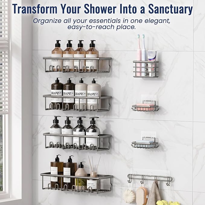 8 Pack Adhesive Rustproof Shower Caddy with Soap Dishes, Toothbrush Holder & Hooks, Large Capacity No-Drilling Shower Shelves Rack for Bathroom Organizers and Storage Accessories, Dark Gray
