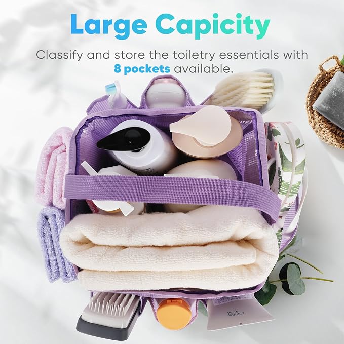 EUDELE Mesh Shower Caddy Portable for College Dorm Room Essentials,Portable Shower Caddy Dorm with 9-Pocket Large Capacity, Shower Bag for Beach, Swimming, Gym, Travel essentials, Purple