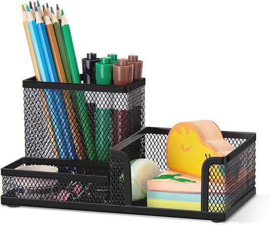 Comix Mesh Pen Holder, Desk Organizer for Home Office, Black | 3 Compartment Pencil Holder, Sticky Notes Holder, Pen Organizer Office Supplies