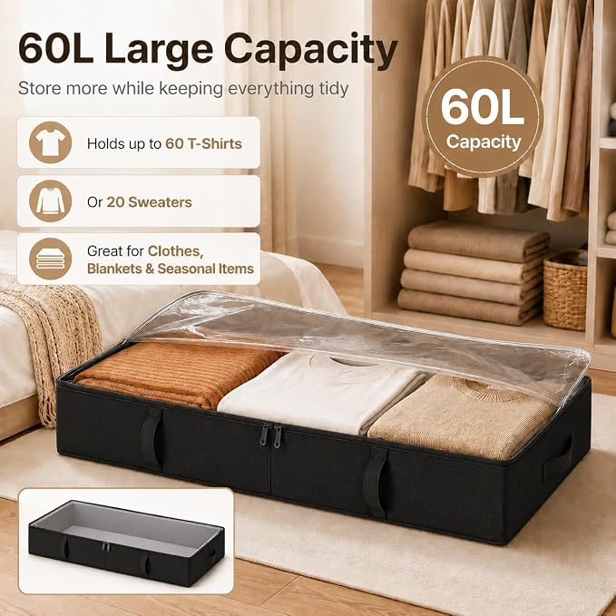 Vailando Storage Containers, 8 Inches Tall 80L Underbed Storage Bins with Sturdy Handles and Sidewalls, Closet Organizer for Clothes, Blankets, Seasonal Items, Black, 2-Pack