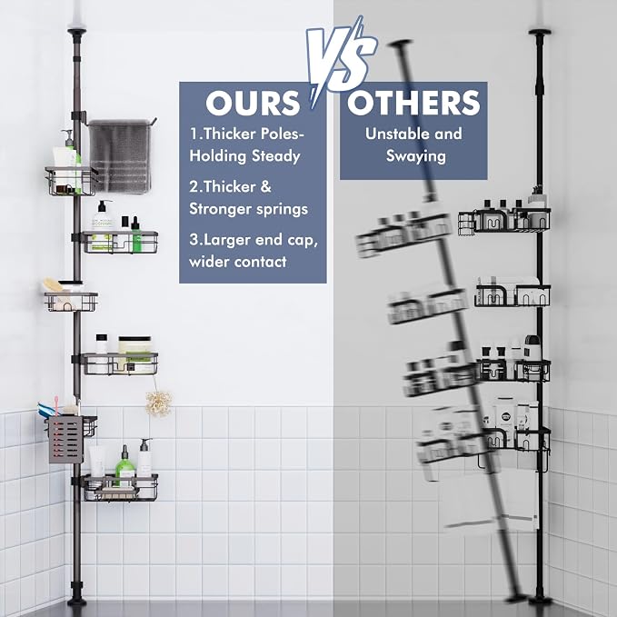 Corner Shower Caddy Tension Pole, Bathroom Organizer and Storage for Shower | Adjustable 30-120 Inch Shelves, 6-Tier Shelf, Rustproof Towel Bar & Soap Dish &Toothbrush Holder Shower Rack