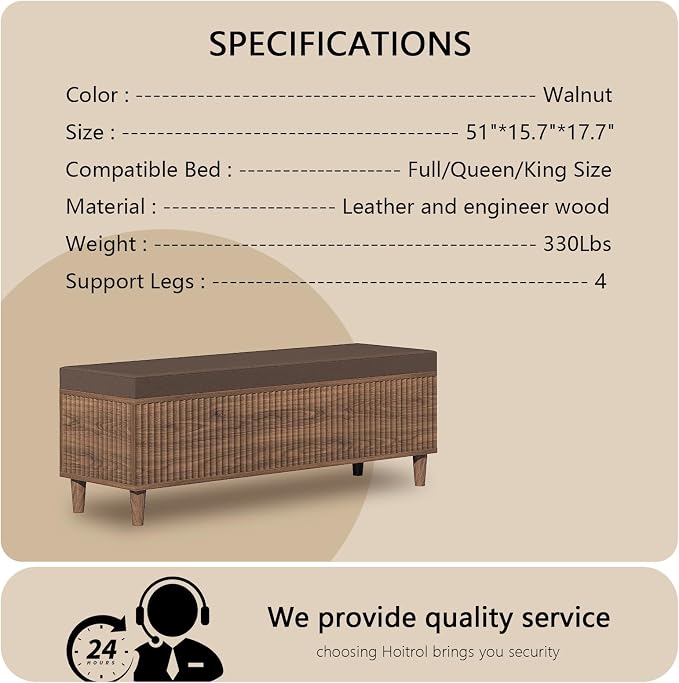 51" Storage Ottoman Bench, Fluted Wooden End of Bed Storage Bench with Leather Upholstererd, Mid-Century Modern Entryway Bench with Lift Top for Bedroom, Living Room, Entryway
