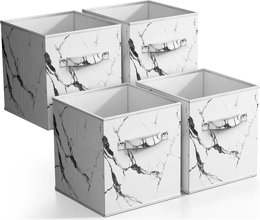 Sorbus Collapsible Storage Bins - 11" Sturdy Foldable Fabric Storage Cubes with Handle - 4 White Marble Organization and Storage Baskets for Organizing Pantry, Closet, Nursery, Dorm, Toy Storage