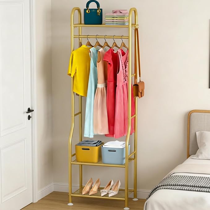 GloTika Narrow Clothes Rack - Clothing Rack with 3 Tier Metal Shelves, 71.9 Inch Tall Garment Rack with 8 Hooks, Freestanding Closet Organizer with Adjustable Leveling Feet for Small Space (Gold)