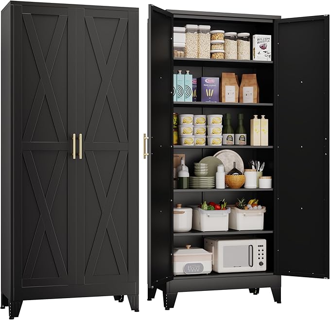75.2" Tall Metal Kitchen Pantry Storage Cabinet, Freestanding Cupboard with 2 Doors and 5 Adjustable Shelves, Standing Storage for Kitchen, Bathroom, Garage, Dinning Room or Utility Room（Black）
