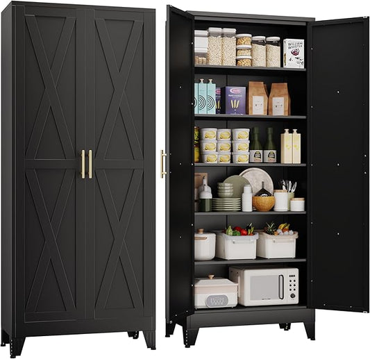 75.2" Tall Metal Kitchen Pantry Storage Cabinet, Freestanding Cupboard with 2 Doors and 5 Adjustable Shelves, Standing Storage for Kitchen, Bathroom, Garage, Dinning Room or Utility Room（Black）