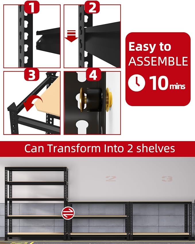 PrimeZone 5-Tier Garage Storage Shelves, Adjustable Metal Shelving, Black | 32"W x 16"D x 63" H, Heavy-Duty Metal Frame & Connectors, FSC MDF Boards, Deep Storage for Garage, Pantry, Warehouse, 2 PCS