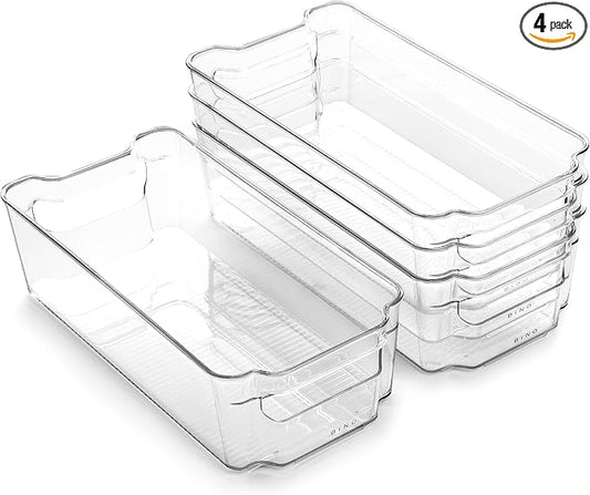 BINO | Stackable Storage Bins, Medium - 4 Pack | The Stacker Collection | Clear Plastic Storage Bins | Organization and Storage Containers for Pantry & Fridge | Multi-Use Organizer Bins | BPA-Free