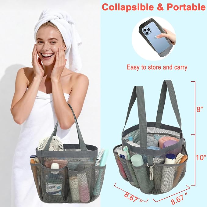 Fammart Mesh Shower Caddy Portable for College Dorm Room Essentials, Odorless Polyester Large Shower Tote Bag with Dual Handles, 8-Pocket Quick-Dry Toiletry Organizer for Travel, Beach, Camping, Gym
