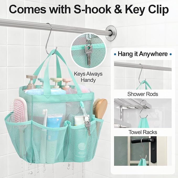 Mesh Shower Caddy Portable - 8 Pockets, S-Hook, Shower Bag for Dorm Camping | 2-Handle, Quick-Dry, Hanging Toiletry Organizer, College Dorm Room Essentials for Girls, Gym, Travel & Bathroom, Sage Green