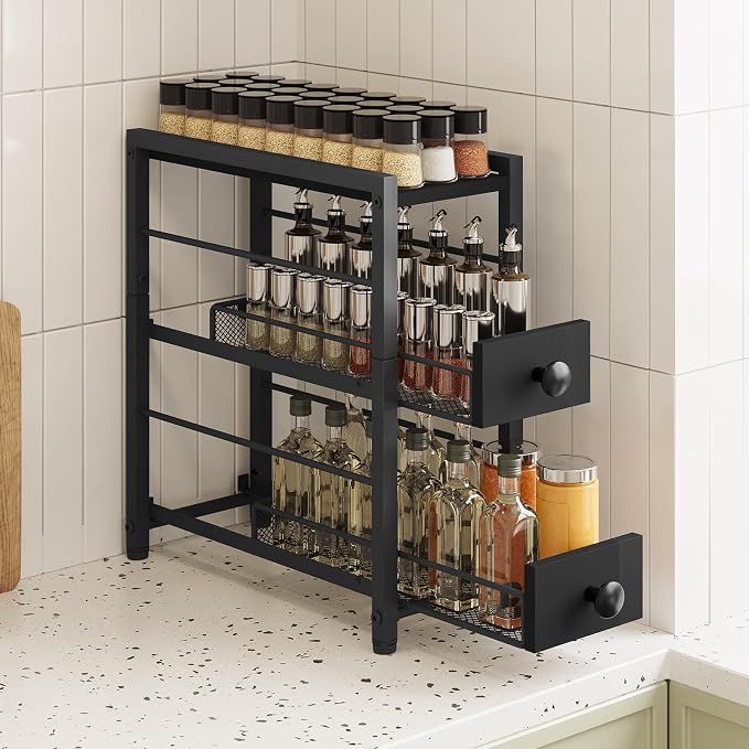 Spice Rack, 3-Tier Pull Out Spice Rack Organizer for Countertop, Narrow Kitchen Countertop Storage Shelf with 2 Drawers, for Kitchen, Cafe, Black SR02BB