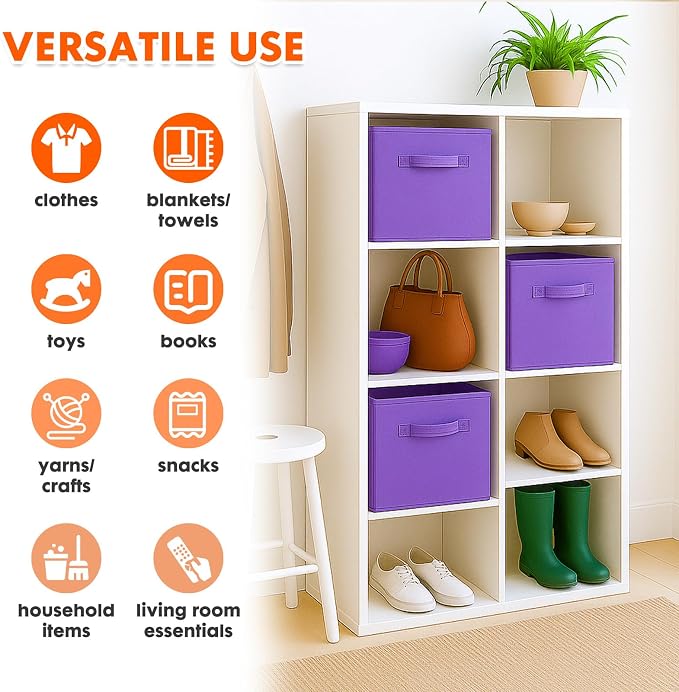 PowerKing Collapsible Storage Cubes, Farbic Storage Bins, Violet, 6 Pack | Sturdy, Lightweight, Easy Pull Handle, Closet & Shelf Organizer, Clothes and Toys Storage, 10.5'' x 11'' x 10.5''