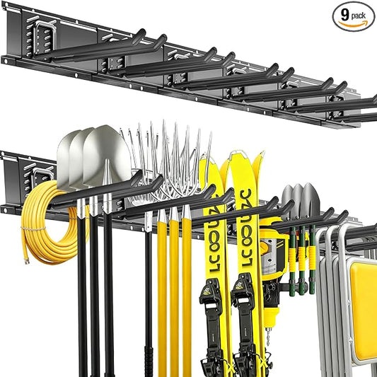 Garage Tool Organizer Wall Mount, 48 Inch Heavy Duty Garden Tool Organizer Storage System, Easy Install with 6 Adjustable Straight Hooks, for Garage, Basement, Shed, Workshop, Black, Steel