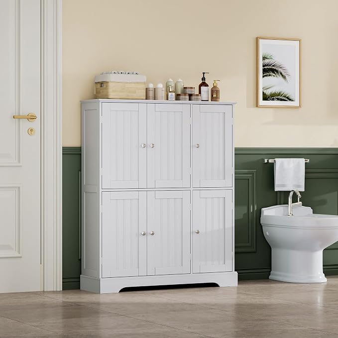 ChooChoo Bathroom Floor Cabinet with 6 Doors and Adjustable Shelves | Modern Bathroom Storage Cabinet, Freestanding Cupboard for Living Room, White