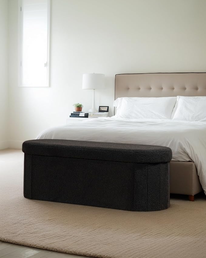 43.3 Inches Foldable Storage Ottoman Bench, Oval Footrest | Teddy Boucle Fabric, Hidden Storage, Soft Padded Seat, End Of Bed Bench For Bedroom, Living Room and Entryway, Black