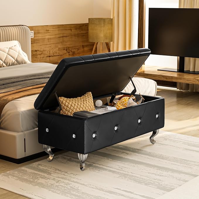 Recaceik Ottoman with Storage, Small Upholstered Storage Bench for Bedroom, Ottoman Bench with Legs for Living Room, End of Bed, Entryway, Window, Black