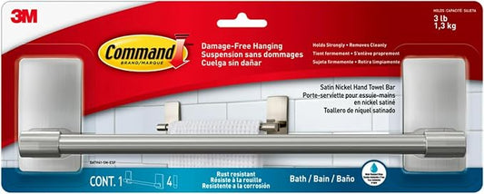 Command Hand Towel Bar Satin Nickel with 4 Water Resistant Command Strips,9" Hand Towel Holder,Holds up to 3 lb,Great for Bathroom Décor on The Wall,Inside The Cabinet,or in-The Shower,(Pack of 8)