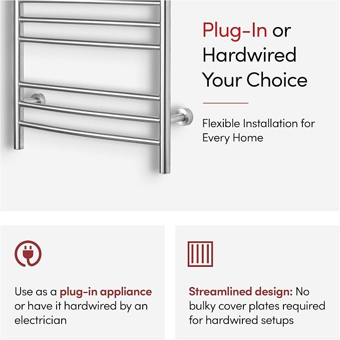 WarmlyYours Riviera Heated Towel Rack, 9 Bars, Polished Gold | Wall-mounted electric towel warmer, 150W, heated bars, dual connection for hardwired or plug-in installation