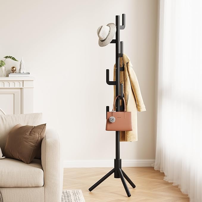 Yoobure Solid Wood Coat Rack - Cactus Coat Tree Freestanding with 8 Hooks, Coat Hanger Stand with 3 Adjustable Sizes for Jacket, Hat, Clothes Stands for Hall, Entryway, Bedroom, Office, Living Room