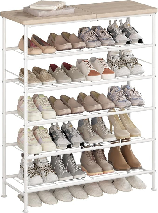 SUOERNUO 6 Tier Shoe Rack Organizer for Closet Shoe Storage for Entryway | Free Standing with MDF Top Board,Sturdy Metal Frame,Ideal for Living Room,Hallway White