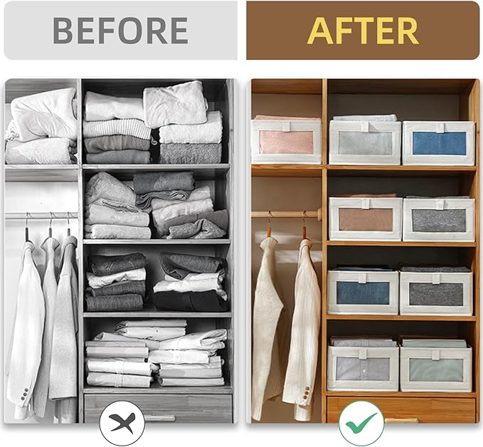 Linen Closet Organizers And Storage, 10 Pack Closet Storage Bins Linen Closet Baskets for Closet Organization Foldable Closet Organizer Bins with Clear Window For Organizing Clothing, Shelves, Jeans