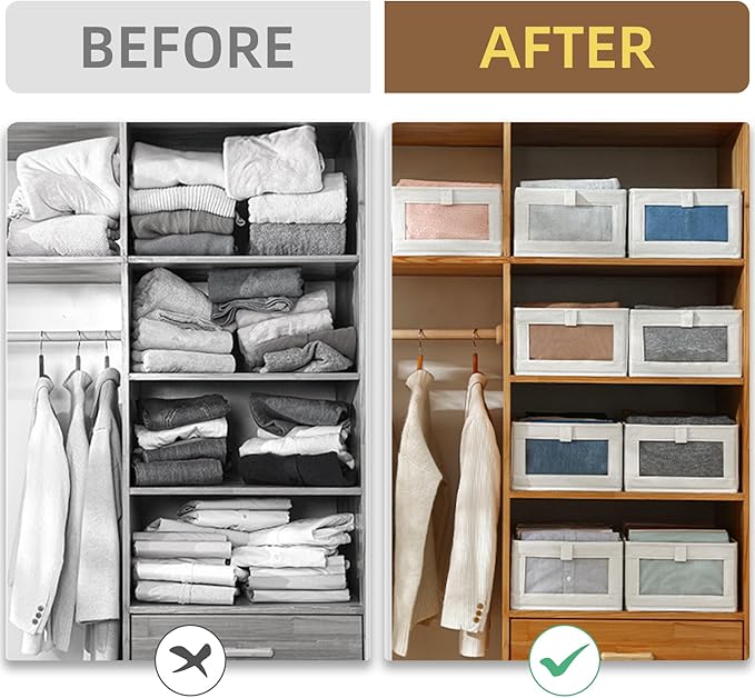 Linen Closet Organizers And Storage, 8 Pack Closet Storage Bins Linen Closet Baskets for Closet Organization Foldable Closet Organizer Bins with Clear Window For Organizing Clothing, Jeans, Shelves