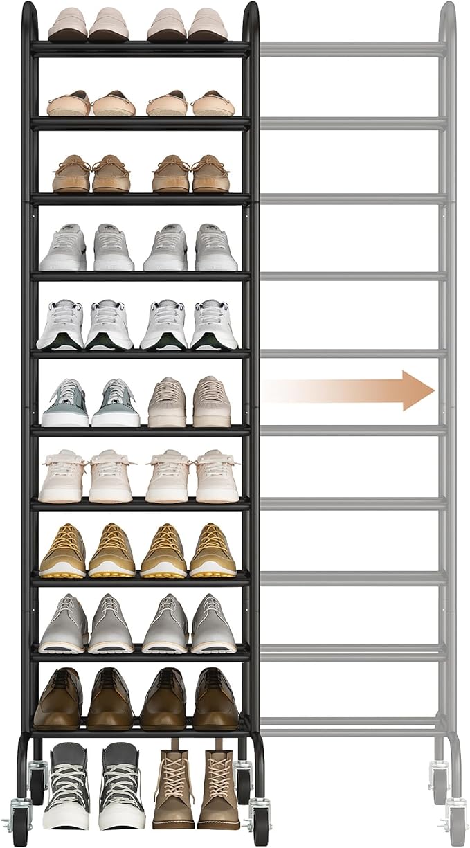 STORAGE MANIAC 10-Tier Expandable Shoe Rack, 44 Pairs Tall Vertical Shoe Rack, Heavy-Duty Metal Adjustable Shoes Organizer for Closet, Entryway, Hallway, Garage, Front Door, Shoes Shelves, Black