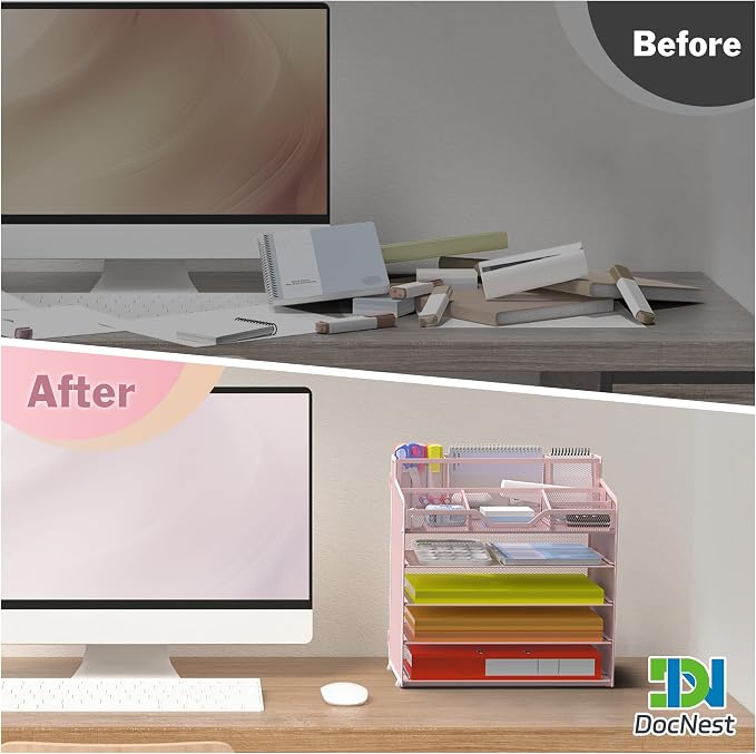 Docnest 5 Tier Mesh Desk Organizer with Letter Tray & Paper Sorter, Pink | Features 3 built-in pen holders & 5 adjustable compartments on top. Includes 4 non-slip rubber feet for desk protection