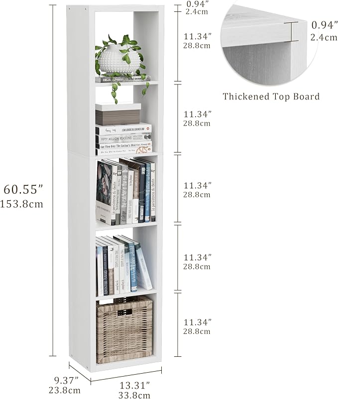 VDNEND Tall Cube Storage Organizer Bookcase, 5 Tier 11 inch Open Back Cubical Shelf with Thickened Border, Display Bookshelf for Living Room, Home Office, Sturdy Room (White, 5 Cube,Vertical)
