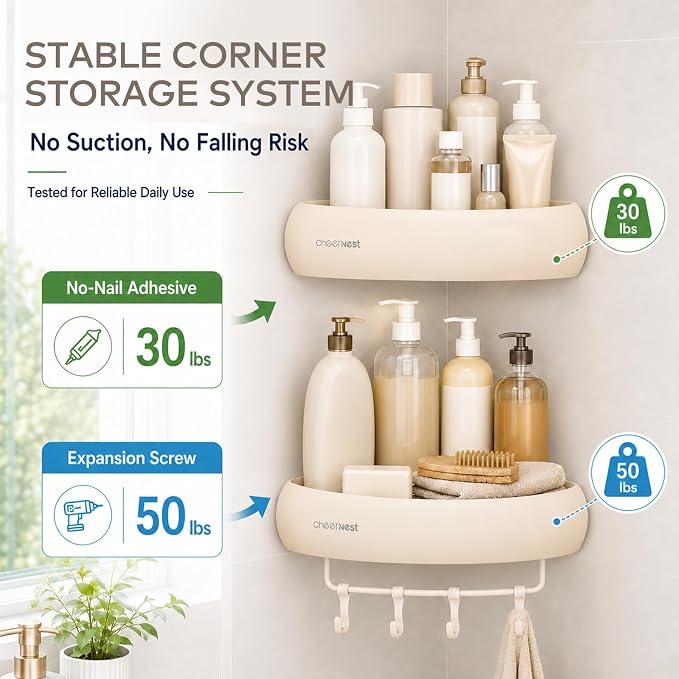 Corner Shower Caddy Adhesive Mount, No Drilling Shower Organizer | 2 Pack, Includes Hooks &Hanging Bar, Rustproof Aluminum, 2 Installation Ways, Wall-Mounted Bathroom Organizer Storage Shelves