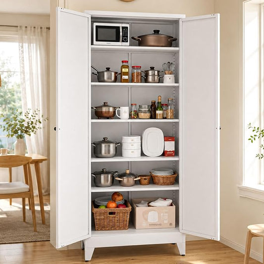 AQY 75" Pantry Cabinet, White Freestanding Storage Cabinet with 5 Adjustable Shelves, Metal Pantry Cupboard with Ventilation Design & Hanging Hooks, 2-Door Kitchen Organizer for Living Room Kitchen