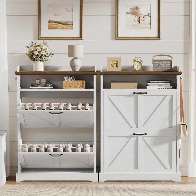 Farmhouse Shoe Cabinet with 2 Flip Drawers & Open Storage, 31.5" W White | Freestanding shoe cabinet with flip drawers ,white design and space-saving storage for entryway,foyer & hallway.