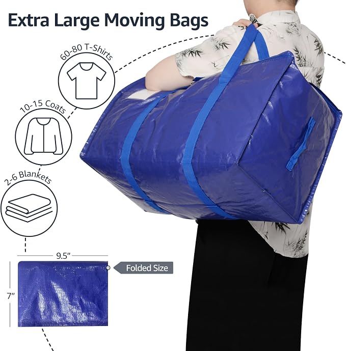 Moving Bags Heavy Duty Extra Large, Moving Boxes, Moving Supplies Essentials, Blue Storage Bins with Lids, Plastic Packing Totes, Storage Bags for Clothes with Handles & Zippers(Blue, 6 Pack)