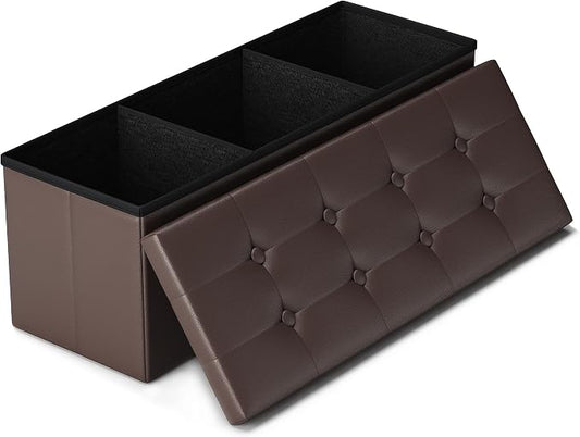 LITZFUR 43" Storage Ottoman Bench, Folding Faux Leather Chest, Brown | Stroage Box with 2 Dividers, Foot Rest Stool, Padded Seat for Bedroom, Entryway, Living Room