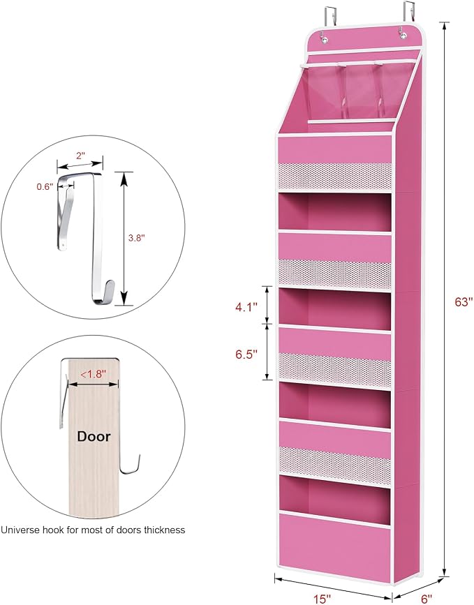 Univivi Fabric Over Door Hanging Organizer for Baby Nursery, Pink, 6-Shelf | Door Storage with Large Capacity Breathable Mesh Pockets, Over Door Storage Organizer for Baby Essential, Bedroom, and Dorm