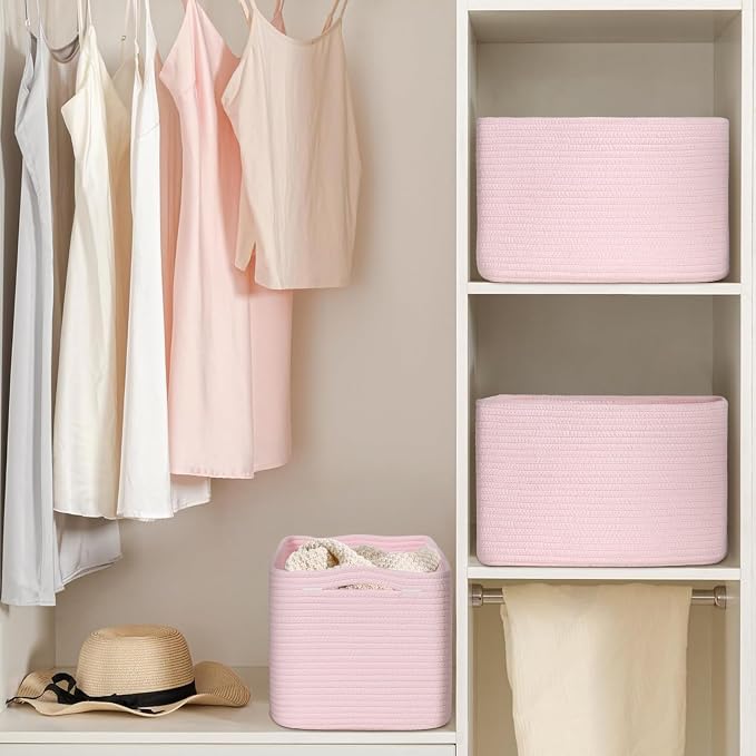 Baskets for Organizing,Storage Baskets,3 Pack Baskets for Shelfves,15"×10"×9" Woven Pink Basket,toy storage bins,bins for organization