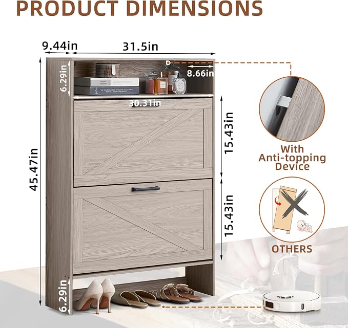 RWYHG Shoe Cabinet Storage for Entryway with 2 Flip Drawers | Open Storage Layer Rack Narrow Organizer Slim Hidden Wood Shoe Cabinet Furniture