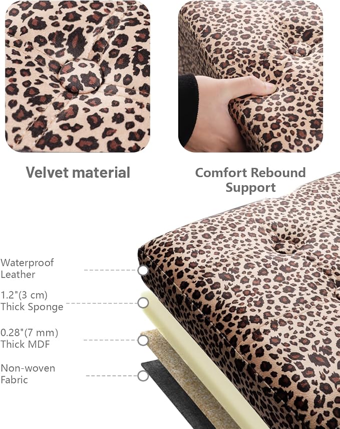 AmasSmile Footrest Ottoman Storage Bench, 34" Velvet Folding Stool,Leopard | Large Ottoman with Storage, Thicker Foam Padded Seat, Livingroom, Dorm, Bedroom, Entryway, Easy to install, 34 x 13 x 13in