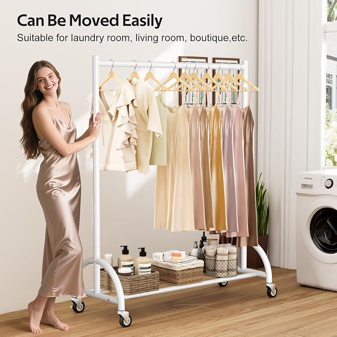MISSLO Heavy Duty Clothing Rack with Wheels Rolling Clothes Racks for Hanging Clothes, Coats, Garment, Dress, White