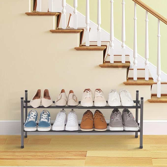 STORAGE MANIAC Expandable Shoe Rack for Closet, 8 Pairs Stackable Small Shoe Rack, Metal Adjustable Shoes Organizer for Entryway, Hallway, Garage, Front Door, Shoes Shelves, Black 2 Tier