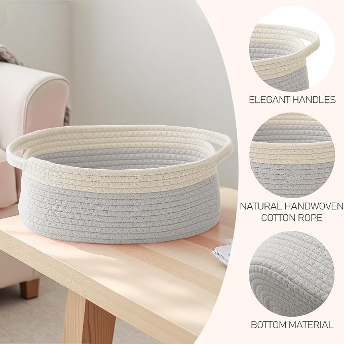 JMvicyroam Small Woven Basket, Empty Gift Basket, White&Grey/1 Pack | Small Gift Basket, Cotton Rope, 12 x 8 x 66 in, Handles, Includes Ribbon and Bag, Birthday Gift Basket