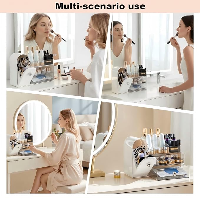 Makeup Organizer for Vanity with Brush Holder,Skincare Organizer | Large Makeup Storage,Bathroom Counter Organizer,Waterproof,Dustproof,Vanity Organizer Countertop,Durable,Easy-Clean,White