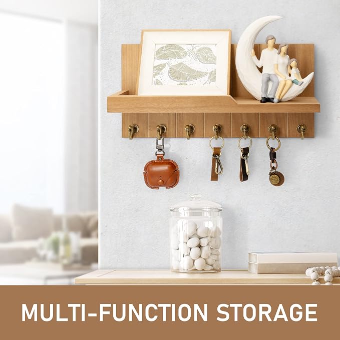 Rebee Vision Key Holder Wall Mount with 7 Key Hooks for Entryway, Yellow | Key Holder for Wall, Hanging Shelf, Key and Mail Holder for Wall, Display Plants & Letters, Stylish Home Storage Accent