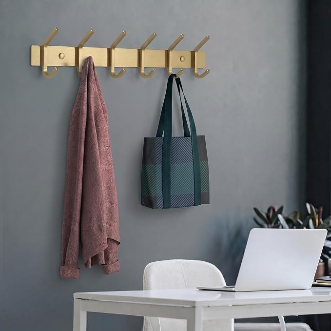 Brushed Gold Wall Mounted Coat Rack – 17 Inch Stainless Steel Rail with 6 Double Coat Hooks for Entryway, Bathroom, Bedroom, Kitchen – Modern Gold Hook Rack for Coats, Hats, Towels - 2 Pack