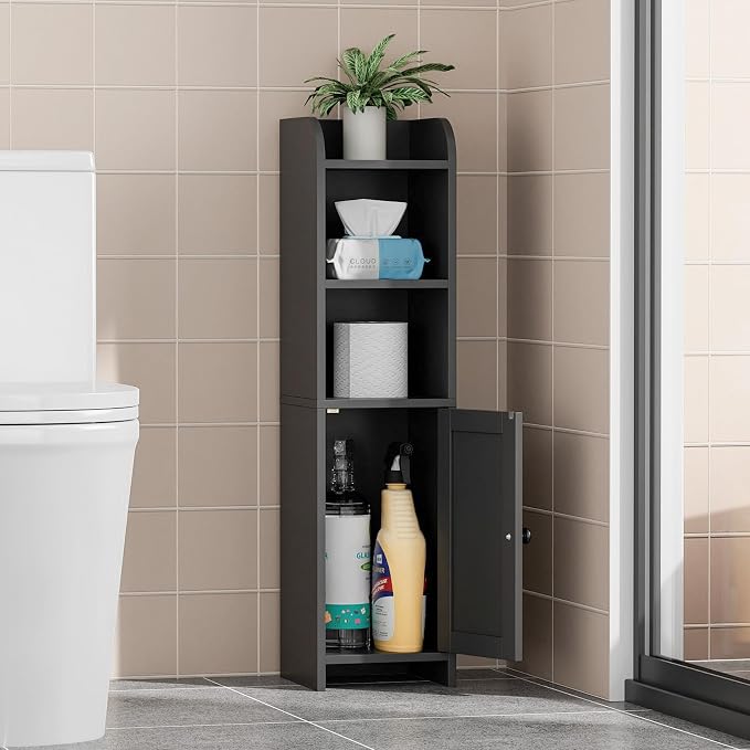 Homhedy Small Bathroom Storage Cabinet, Narrow Toilet Paper Cabinet | Corner Floor Cabinet with Door and Shelves, Slim Bathroom Cabinet for Small Spaces, 9.8" D x 7.9" W x 31" H, Black