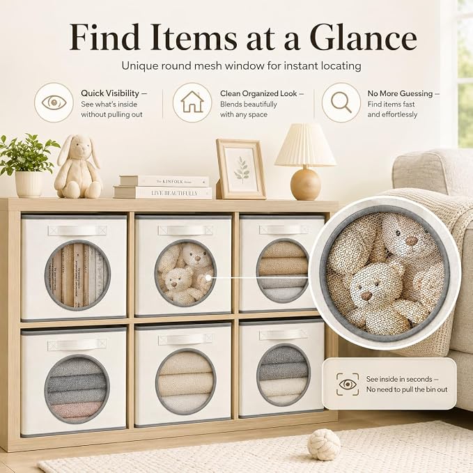 Fabric Storage Cubes with Mesh Window, 11'' Cube Storage Bin, Ivory, 4 Pack | See through Round window, Foldable Odor-Free & Sturdy PP Structure, Cubby Baskets for Closet, Shelves, Bedroom and Offices
