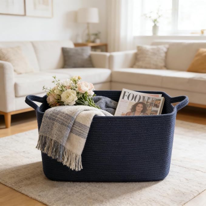 65L Collapsible Woven Rope Laundry Basket with Handles,Navy | 21x16x12 Foldable Rectangular Blanket Basket for Toys, Clothes & Pillows,Ideal for Nursery, Bathroom, Bedroom, Living Room