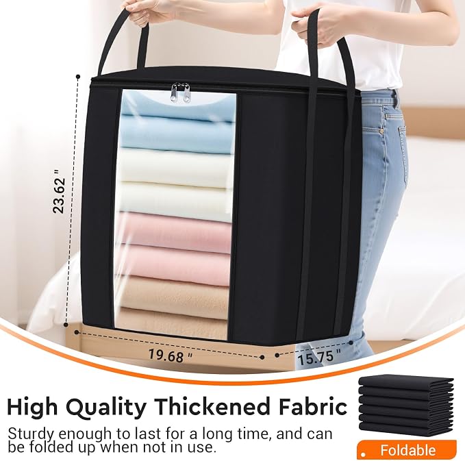 TasticTotes 120L Extra Large Blanket Clothes Storage Bags, Black, 1 Pack | Foldable Blanket Storage and Organization, Thick Fabric Containers with Reinforced Handles & Zippers for Comforters, Bedding