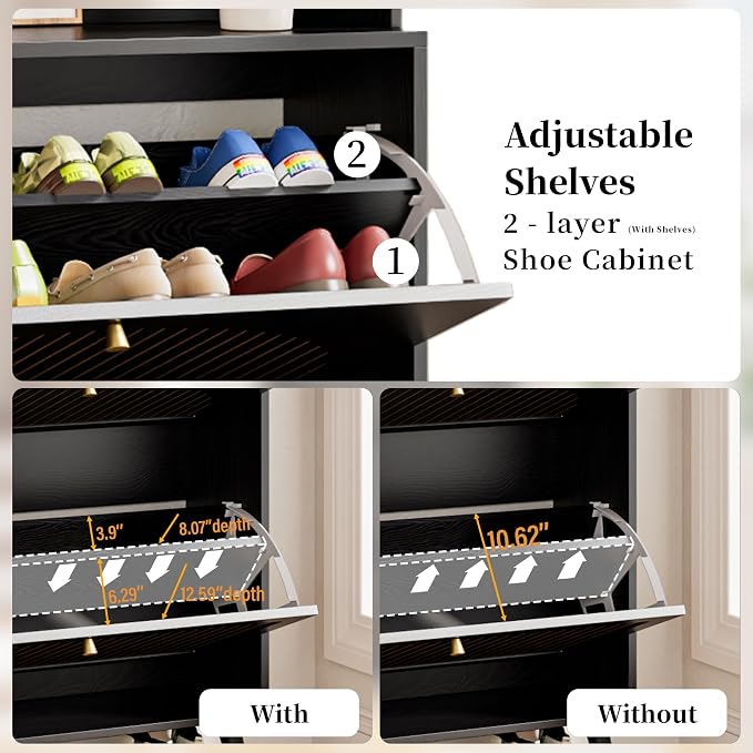 Fsbecl Shoe Storage Cabinet with 3 Fluted Flip Drawers & Coat Rack, Black | Slim Freestanding Shoe Organizer with Hidden Storage, Adjust Shelves, Wooden 2-in-1 Hall Tree for Entryway Foyer, 18-24 Pairs